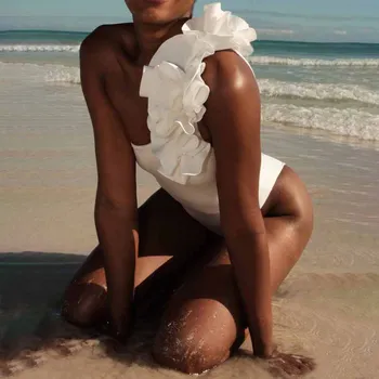 Kietas Baltas Bikinis Susiėmę Vieno peties Elegantiškas vientisas Maudymosi Peties Spausdinti Gėlių Push Up Vasaros maudymosi Kostiumėliai Paplūdimio  4