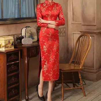 Retro Cheongsam Suknelė Elegantiškas Stiliaus Kinijos Moterų Cheongsam Suknelė Vestuvėms Aukšti Plyšių Ilgai Šakutės Klasikinis Qipao  10