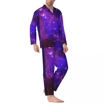 Pižama Vyrams Violetinė Galaxy Kambarys Sleepwear Derliaus Spausdinimo 2 Gabalas Derliaus Pižama Nustatyti Ilgomis Rankovėmis Patogus Negabaritinių Namų Kostiumas  10