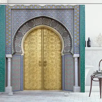 Maroko Geltona Senovinės Arkos Durų Dušo Užuolaidos Senojo Derliaus Medinės Durys, Vonios kambarys Vandeniui Audinio Vonios Užuolaidėlės su Kabliukais  10