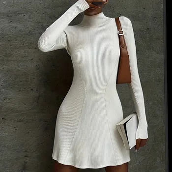 Mados 2023 Rudenį, Žiemą Megztinius Juoda Mini Suknelė Moterims Bodycon Golfo Seksualus Atsitiktinis Šalies Klubas Suknelės Baltos, Juodos Spalvos Drabužius  10