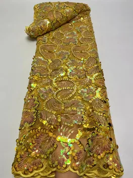 Aukso Nigerijos Aukštos Qualit Akių Nėrinių Audinio Afrikos Blizga Didelis Blizgančiais 5 Metrų Tiulio Siuvinėjimo Nėrinių Audinio Moterys Šalis Suknelė  10