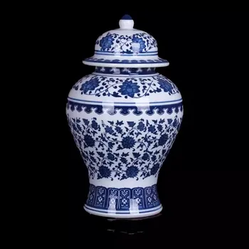 33CM Mėlynos Ir Baltos Keramikos Bendrojo Jar Iliustracijų Saugojimas Jar Viešbutis Ekranas Vaza Namo Apdailai Sausų Gėlių Vaza  4