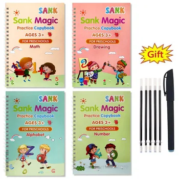 4 Knygos + Pen Magija Kopijuoti Knygos Nemokamai Apliejimo Vaikų vaikams Rašyti Lipdukas Praktika anglų kalba Copybook Už Kaligrafija Montessori  10