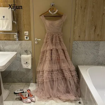 Xijun Spageti Strapes Brangioji Vakarinę Suknelę Grindų Ilgis Skirtingų Kelių Sluoksnių Tiulio Vestidos De Noche Oficialiai Progai  0