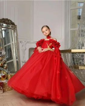 Raudona Gėlių mergaičių Suknelės, vestuvių 3d Aplikacijos Tiulio Off Peties Vaikų Gimtadienio Pirmoji Komunija Kalėdų Kamuolys Suknelė  0