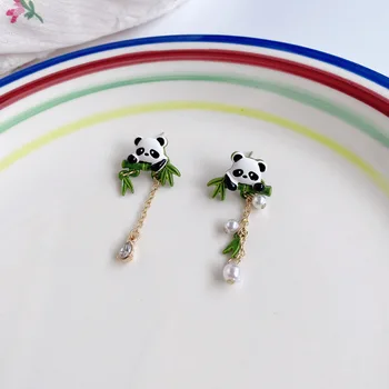 Perlai Kinijos Asimetrinis Mielas Auskarai Bambuko Temperamentas Panda Earings Moterims  5