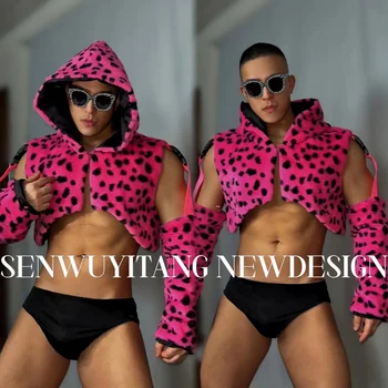Sexy Pink Leopard Gobtuvu Plunksnų Kailio Striukė, Šortai, Komplektai, Vyrų, Moterų Rinkiniai Juosta Naktiniame Klube Dainininkė Hip-Hop, Jazz Dance Etape Dėvėti  10