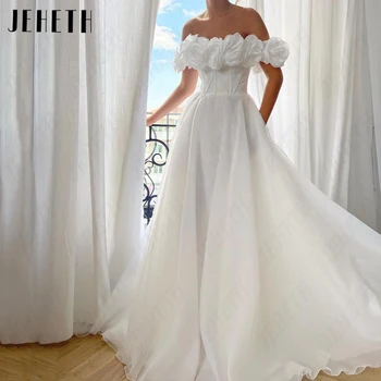 JEHETH Baltas 3D Gėlės Tiulio Prom Dresses Off Peties Rankovių Vakare Chalatai Princesė Stebėjimo Vestidos De Fiesta Backless  10