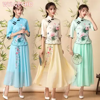 2023 Dviejų Dalių Cheongsam Kinų Suknelė Elegantiška Vintage Gėlių Spausdinti Šiuolaikinės Cheongsam Moterys Kasdien Qipao Suknelė Tradiciniai Rūbai  10