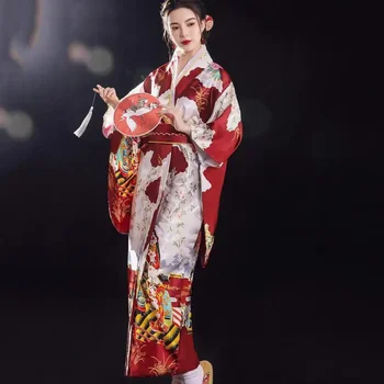 Japonijos Tradicinių Kimono Suknelė Su Obi Spausdinti Gėlių Erdvus Suknelės, Kostiumas Moterims Moteriški Geiša Haori Kimono Yukata Suknelė Tiktų  10