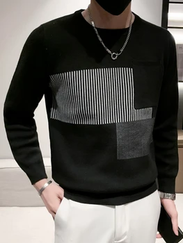 Korėjos Megztiniai Vyrų Slim Fit Streetwear Geometrinis Modelis Atsitiktinis Puloveriai Visas Ilgis Palaidinukė Rudens Žiemos Viršūnes Vyrai  5